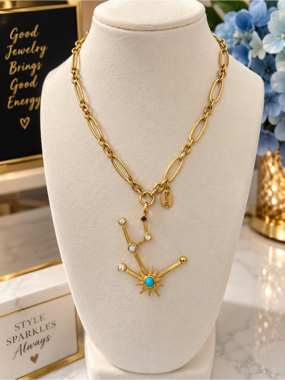 Gold-Tone Constellation Pendant Necklace with Turquoise Accent